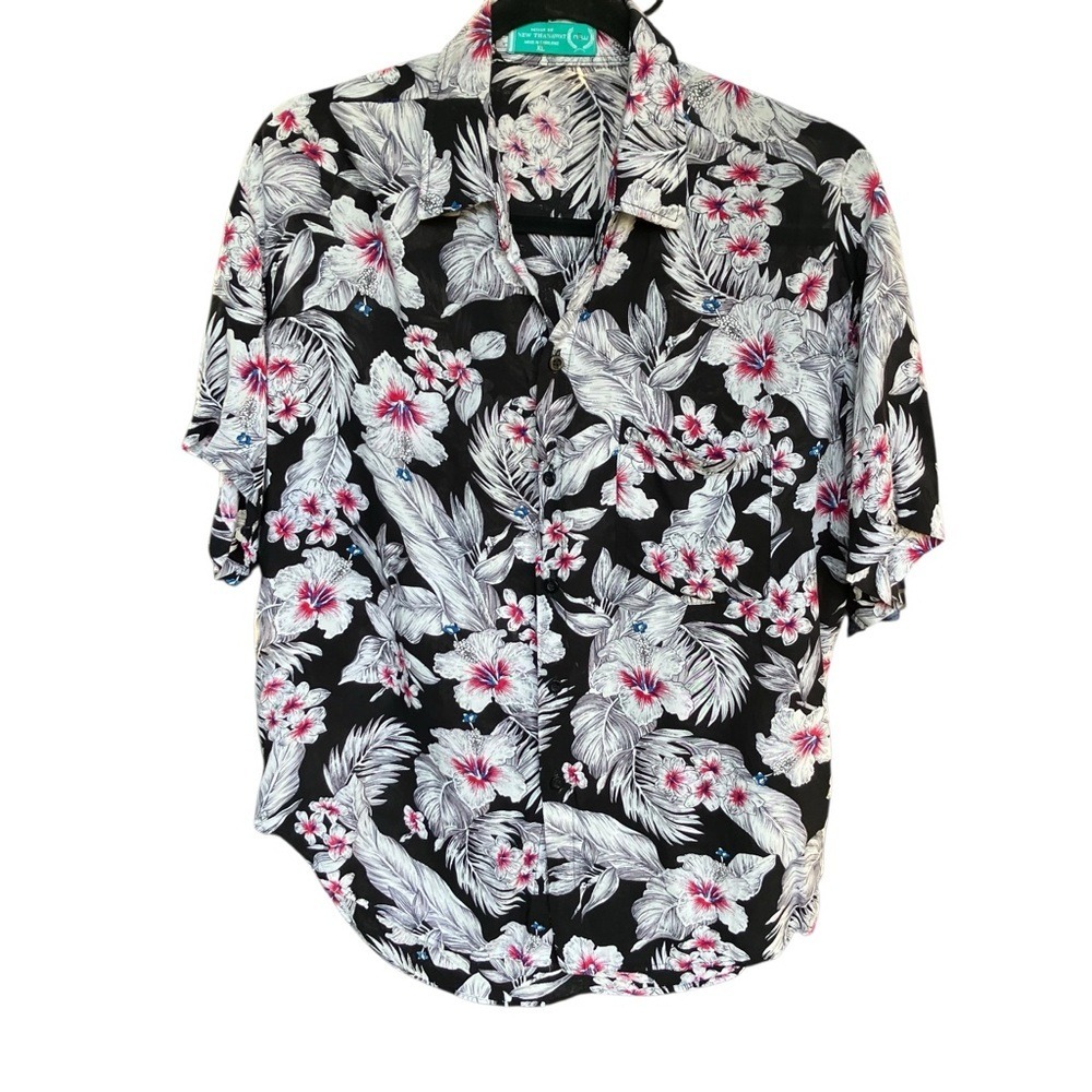 New Thanawat Mens Shirt XL Black Floral Hibiscus Tropical Short Sleeve Button Up